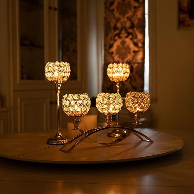 Vincigant Gold Crystal Candle Holders Set of 8 with 4Sets Crystal Candelabra 3 Arm Candlesticks Holder Table Centerpiece,Candelabra Centerpieces for Wedding Party Anniversary Home Living Room Decor
