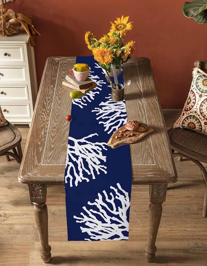 Coastal Coral Cotton Linen Table Runner for Dining Kitchen, Wedding Outdoor Party Tablerunners Decoration, Navy Blue Nautical Ocean Beach Dresser Scarf Coffee Tablecloth Runners 13x60 Inches