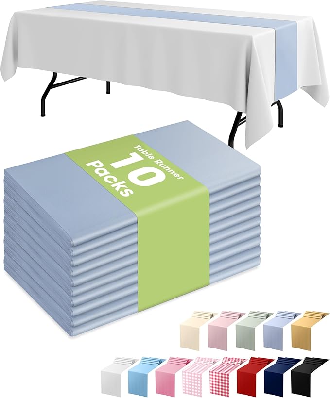 Pureegg Dusty Blue Plastic Table Runners - 10 Pack, 14'' x 108'', Water Resistant & Disposable Centerpiece Decorations for Table Cloth, Wedding, Birthday, Holiday, Baby Shower, Party, Home Decor