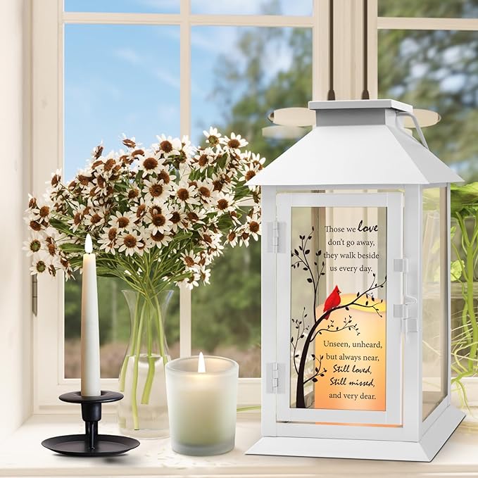 Decorative Memorial Candle Lantern, 14.2 Inch Flameless LED, Cardinal Design