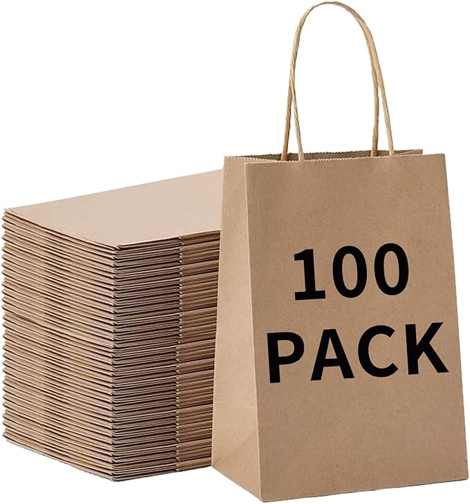 Brown Kraft Gift Bags with Handles, 100 Pack, 5.9 x 3.1 x 8.25 Inch