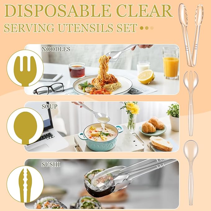 Serving Spoons, Tongs and Forks Set, 24 Count Clear Plastic Disposable