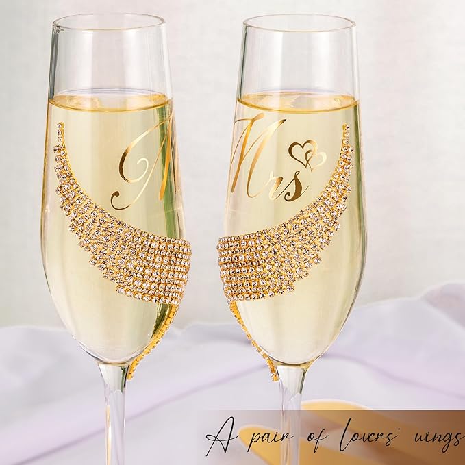 Champagne Glasses Set, Gold Mr and Mrs Flutes with Cake Knife, 6 Piece