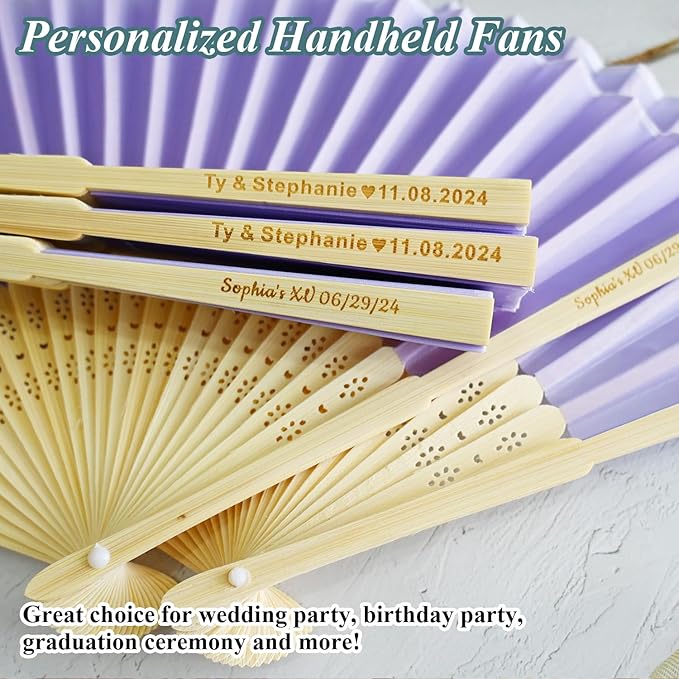 200 Pcs Personalized Purple Wedding Fans for Guests Bulk, Custom Hand Fans Decorative Folding Fans, Wooden Fans Party Favor Birthday Party Supplies Bridal Shower Gifts Baby Shower Favors