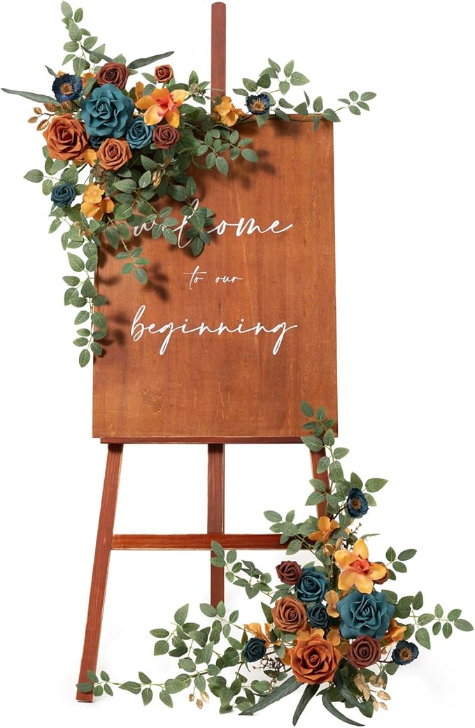 Artificial Floral Swag Pair, Teal and Orange Silk Flowers, Rustic Wedding Decor