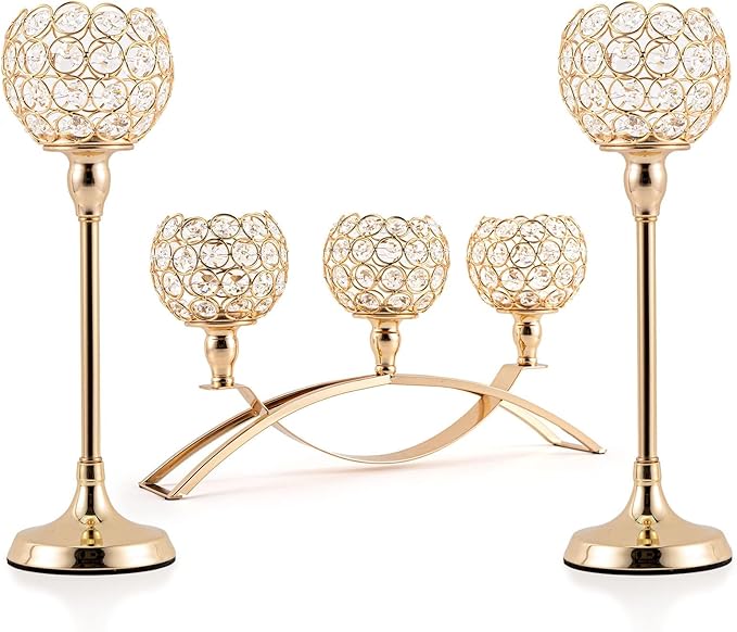 VINCIGANT Set of 3 Gold Candle Holders Wedding Table Centerpieces,Tealight Candlestick Candelabra Stand with 3 Arms for Fireplace Home Living Room Decor,Valentine's Day Housewarming