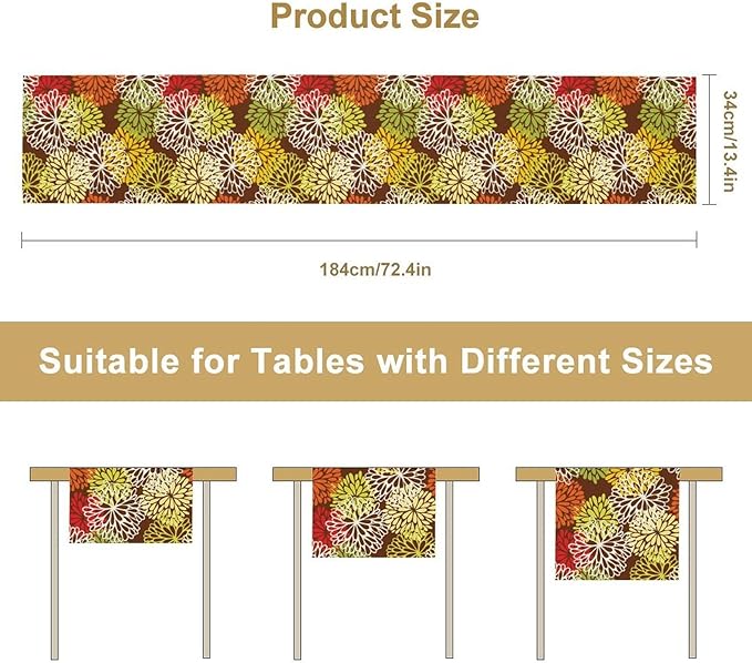 Brown Dahlia Floral Table Runner, Seasonal Autumn Thanksgiving Pattern Print for Home Kitchen Table Decor Dining Coffee Room Party Decor 13x36 Inch