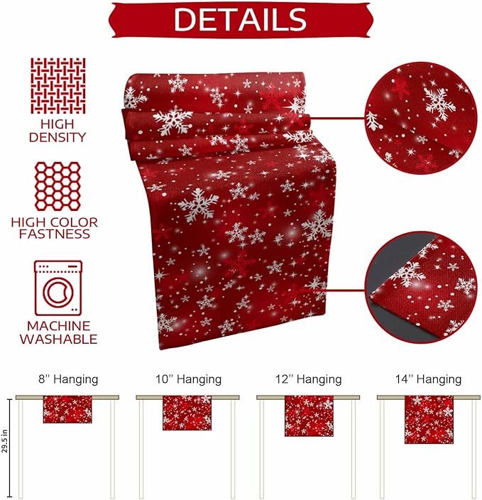 Christmas Snowflakes Cotton Linen Table Runner for Dining Kitchen, Red Xmas Winter Snow Wedding Outdoor Party Tablerunners Decoration, New Year Dresser Scarf Coffee Tablecloth Runners 13x70 Inches