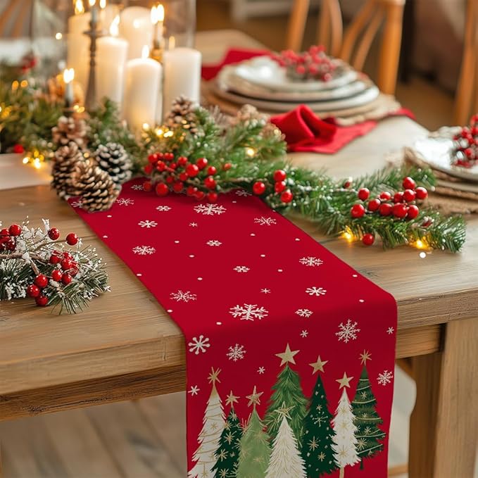 GEEORY Christmas Table Runner 13x36 Inch, Xmas Trees Snowflakes Holiday Decorative Farmhouse Table Decoration for Kitchen Dinning, Indoor Outdoor Dinner Party Decor (Red) GT150-36
