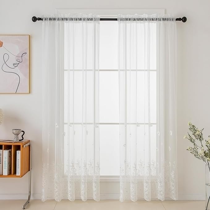 VISIONTEX White Sheer Voile Curtains, Decorative White Embossed Butterflies Rod Pocket Window Drapes for Home Kitchen, Living Room and Bedroom 54 x 95 Inch, Set of 2 Curtain Panels