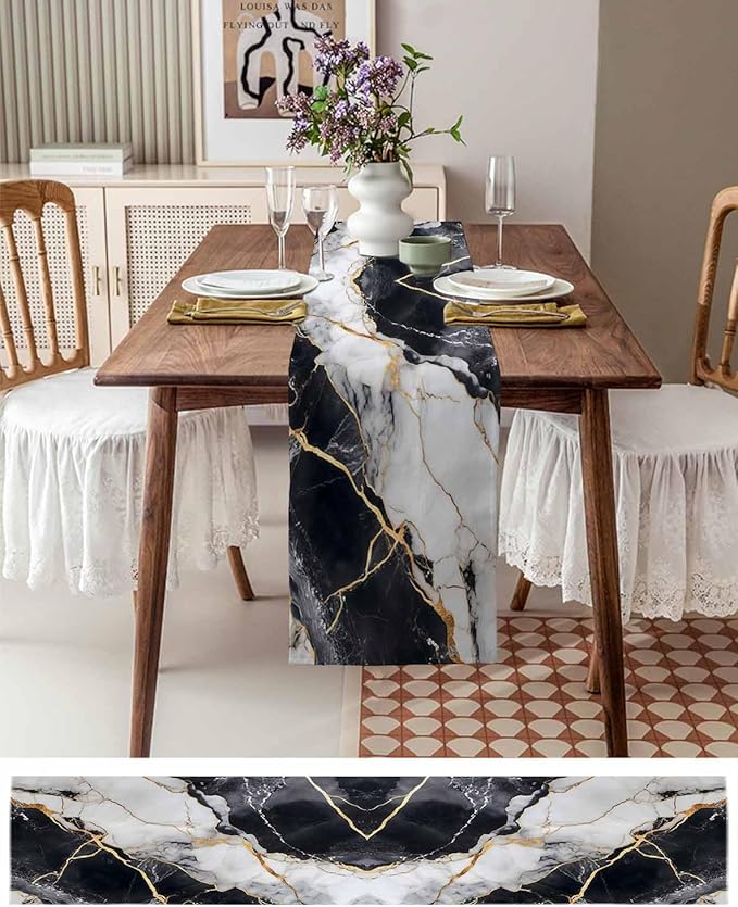 Black White Marble Cotton Linen Table Runner for Dining Kitchen, Wedding Outdoor Party Tablerunners Decoration, Nature Marble Crack Modern Art Dresser Scarf Coffee Tablecloth Runners 13x120 Inches