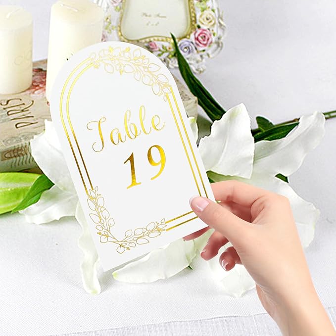 Wedding Table Numbers 1-30, 30 White Gold TableNumber Cards with 30 Gold Number Holders, 1 Set of 30 Table Numbers for Wedding Reception(Card and Holder)