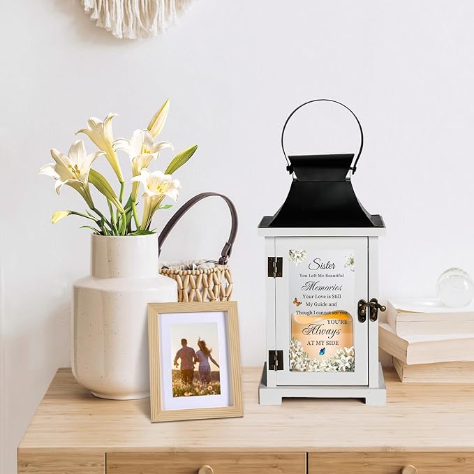 Decorative Candle Lantern, Wood and Iron with Butterfly Glass