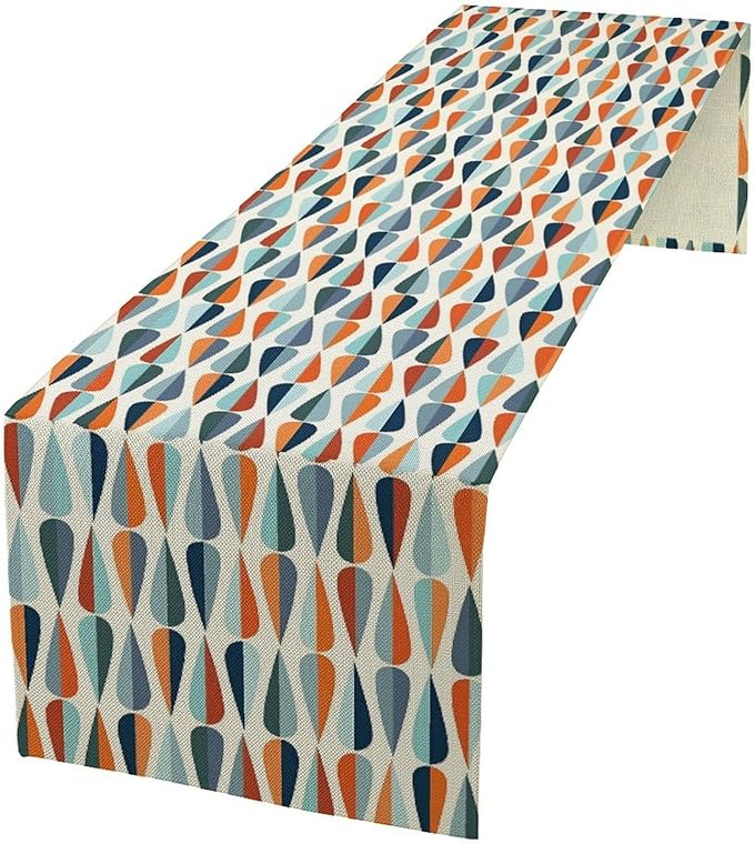 Mid Century Table Runner, Modern Style Retro Pattern Droplet Shapes Mosaic Tones Pattern Print for Home Kitchen Table Decor Dining Coffee Room Party Decor 13x60in