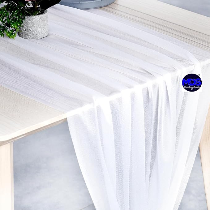 MDS 10 Pack 10ft Chiffon Table Runner 29 x 120 Inches Sheer Wedding Runner Romantic Rustic Table Runner for Wedding Decorations, Birthday Parties, Bridal Shower Party Arch Decor - White