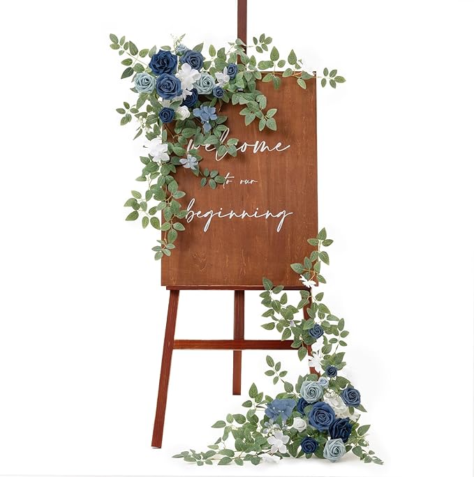 Artificial Flowers Swag Set of 2 in Dusty Blue and Navy for Wedding Signs
