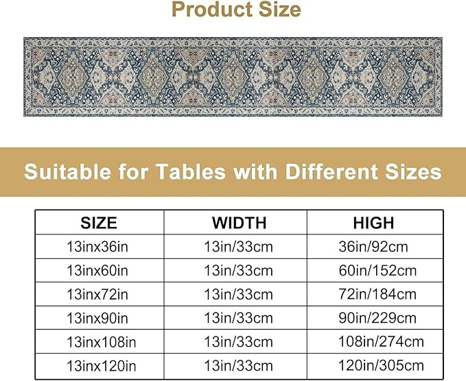 Vintage Boho Floral Table Runner, Rustic Country Farmhouse Blue Grey Retro Flower Pattern for Home Kitchen Table Decor Dining Coffee Room Party Decor 13x36in