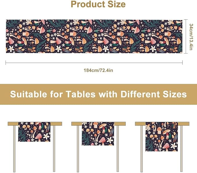 Mushroom Table Runner,Retro Forest Plant Table Cloth Farmhouse Kitchen Dining Table Decoration for Home Party Decor 13x72 Inch