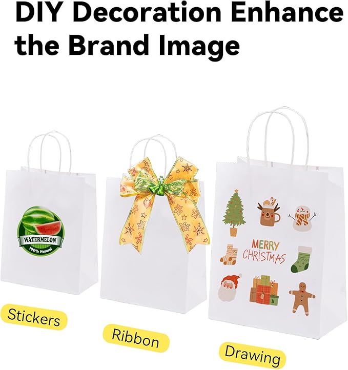 Gift Bags with Handles, 100 Count White Kraft Paper, Medium Size