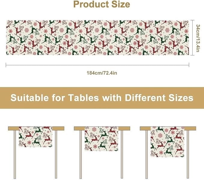 Christmas Table Runner,Christmas Plaid Deer Print Farmhouse Table Cloth Kitchen Dining Table Decoration for Home Party Decor 13x120 Inch
