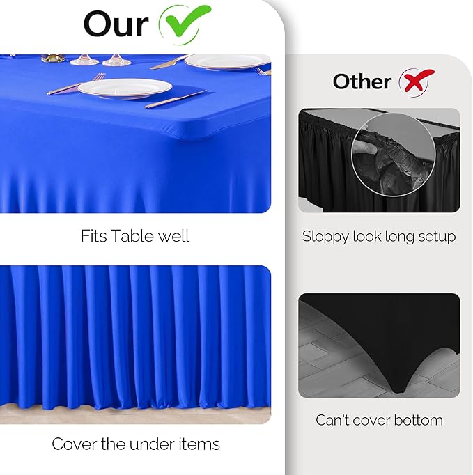 Wish Care 6 Pack Royal Blue Spandex Table Clothes for 8 Foot Rectangle Tables, 8FT Wrinkle Free Fitted Tablecloths Ruffles Design Table Cloth for Party, Banquet, Wedding and Events