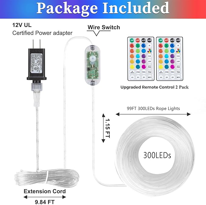 LED String Lights, 99 ft Outdoor Rope Lights with 16 Colors and Remote
