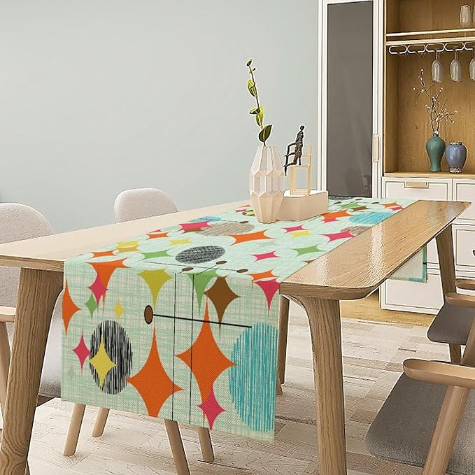 Mid Century Table Runner,Abstract Retro Modern Geometric Colorful Stripe Pattern Print Tablecloth Burlap for Hotel Indoors Outdoor Dining Room Kitchen Holiday Party, 13x70in