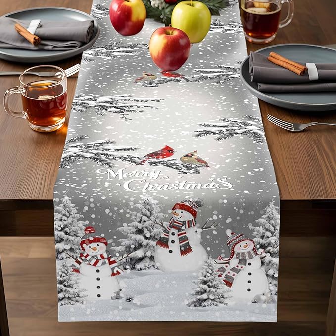 Christmas Snowman Cotton Linen Table Runner for Dining Kitchen, Snowflakes Xmas Pine Tree Wedding Outdoor Party Tablerunner Decoration Winter Bird Dresser Scarf Coffee Tablecloth Runners 13x36 Inches