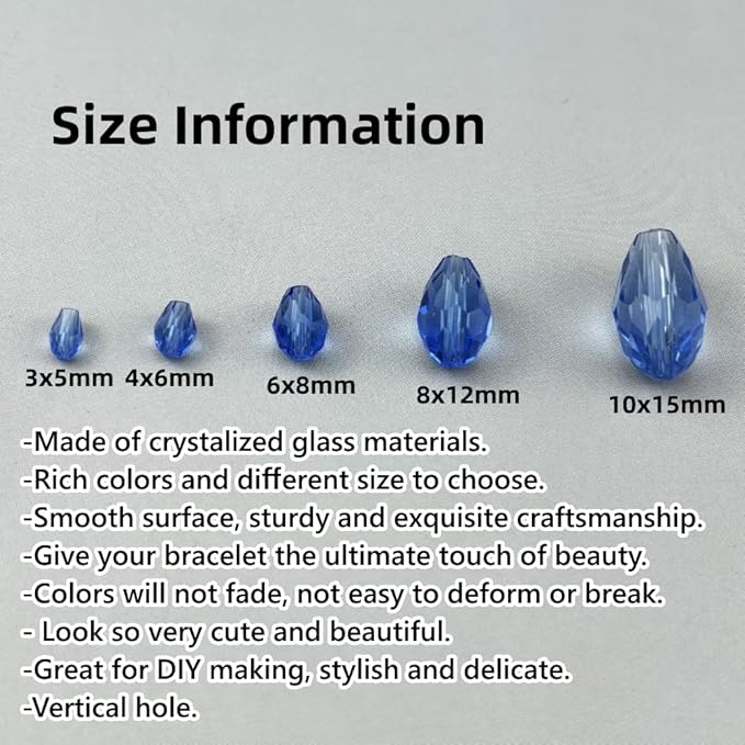 200pcs 3x5mm Teardrop Crystal Glass Beads for Jewelry Making, Faceted Vertical Hole Teardrop Glass Spacer Beads for Wind Chimes Bracelet Earring Necklace DIY Craft(Light Blue)