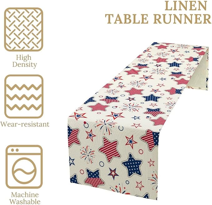 4th of July Table Runner, American Patriotic Independence Day Red Blue White Stars Stripes Fireworks Print Table Runner for Home Party Decor Kitchen Dining Table, 13x36inch
