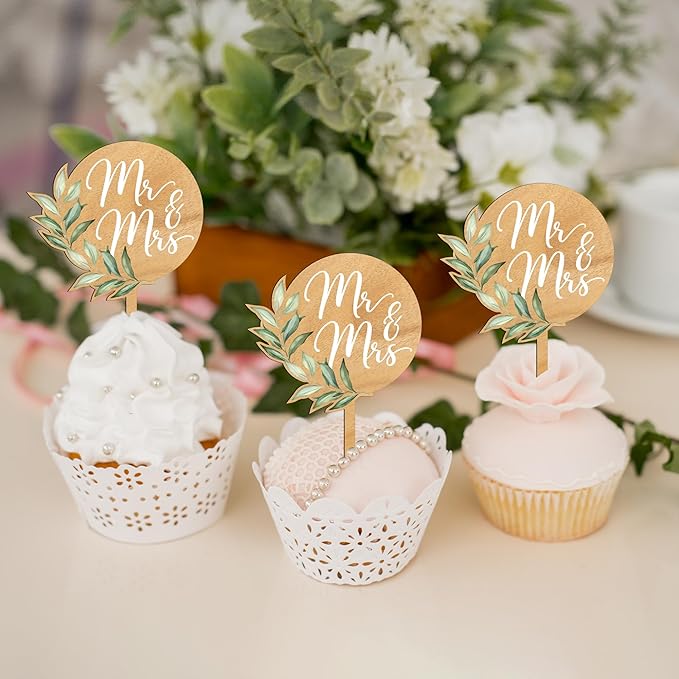 Non-Edible Wood Wedding Cake Topper Set, 12 Cupcake Toppers, Green Leaves