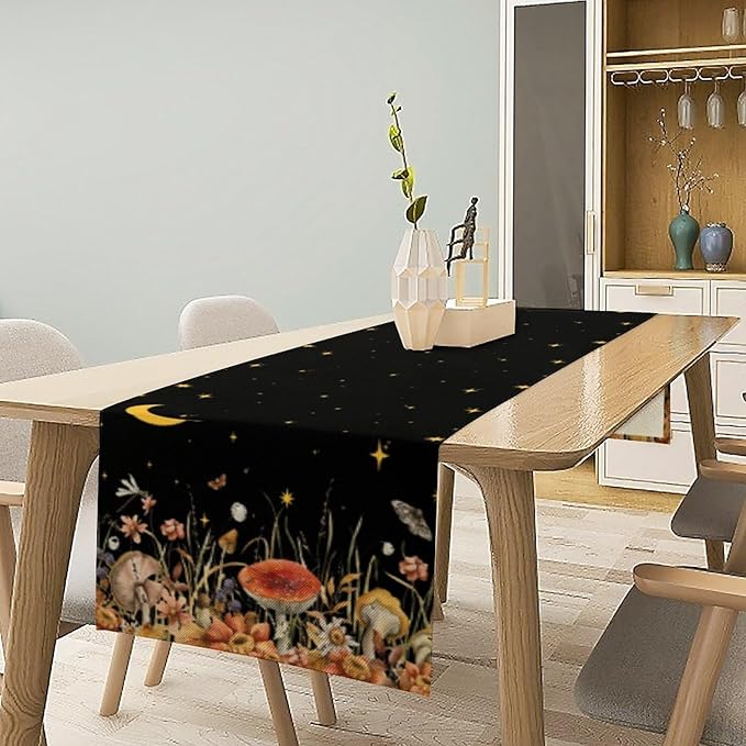 Mushroom Kitchen Table Runner, Gothic Moon Star Plants Witchy Moonlit Flower Butterfly Table Runner for Kitchen Party Living Room Drapes, 13x70 Inch Black