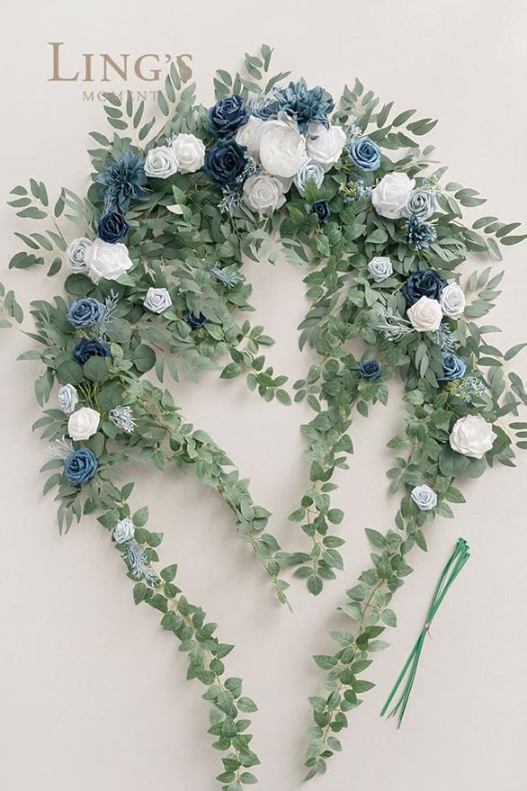 Artificial Flowers Garland, Dusty Blue and Navy Silk, 78 Inch Arch Swag