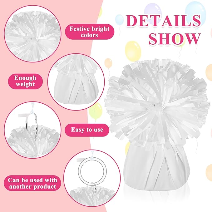 Balloon Weights 24 Count White Metallic Round Anchors with Crimped Ribbon