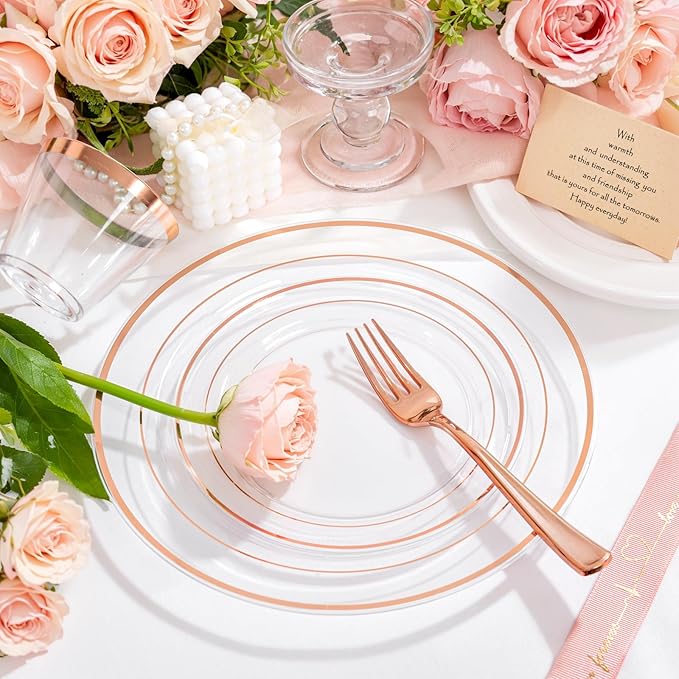Disposable Plates, Clear Plastic with Rose Gold Trim, 150-Piece Set