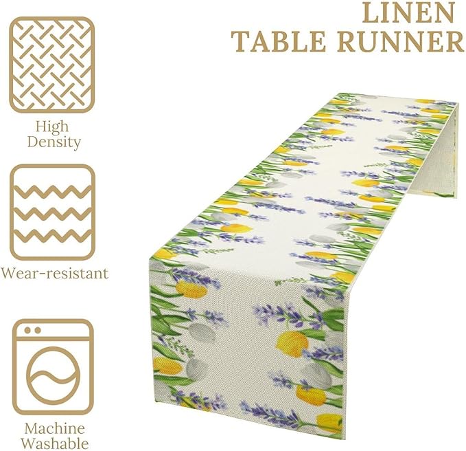 Floral Tulip Lavender Table Runner, Spring Watercolor Flower Plants Nature Butterfly Table Runner for Kitchen Dinner Living Room Home Party, 13x120 Inch