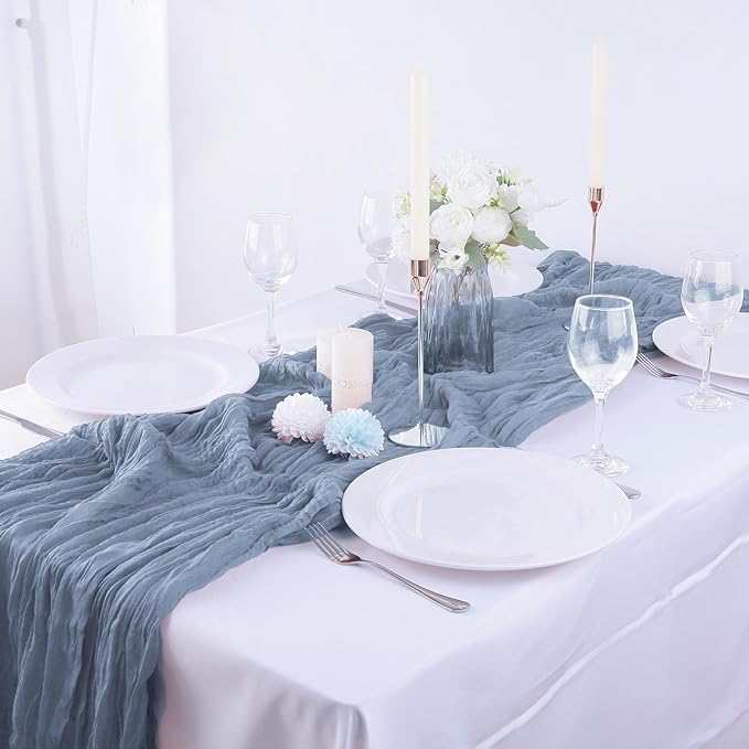 4 Pack Dusty Blue Cheesecloth Table Runner 35x120 Inch Boho Gauze Fabric Cheese Cloth Table Runner 10Ft Rustic Romantic Sheer Table Runners for Wedding Party Bridal Baby Shower Long Table Decoration