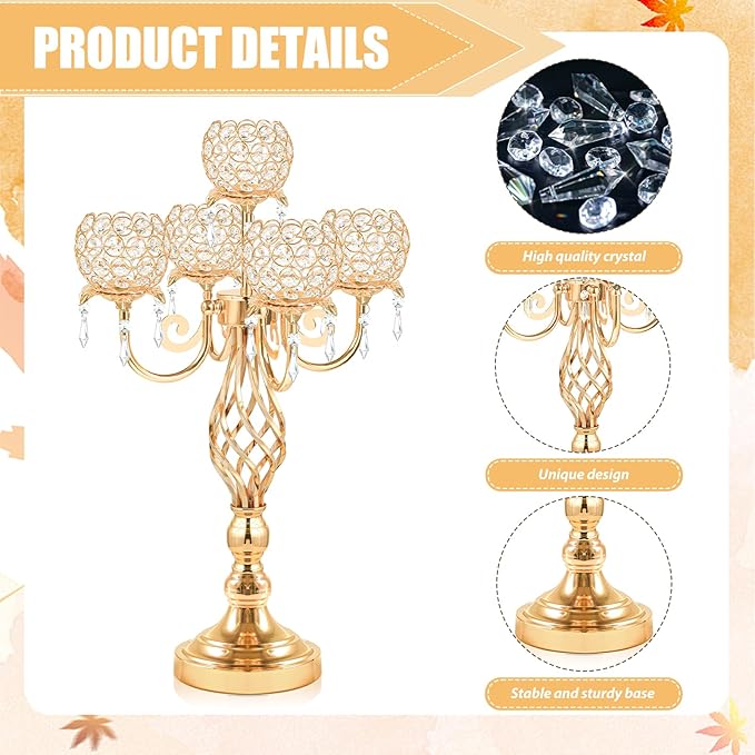 Candlestick Holders Gold Crystal Candelabra, 5-Arm 23.6-Inch Centerpiece