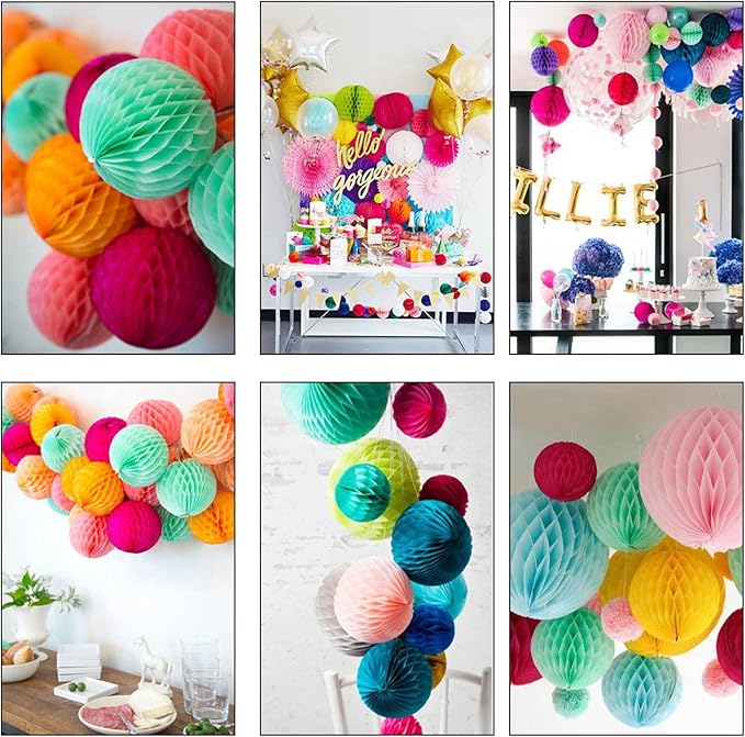CC wonderland zone 12pcs Hot Pink and Black Paper Honeycomb Balls,6" & 10" Hanging Tissue Pom poms for Birthday Party Decoration