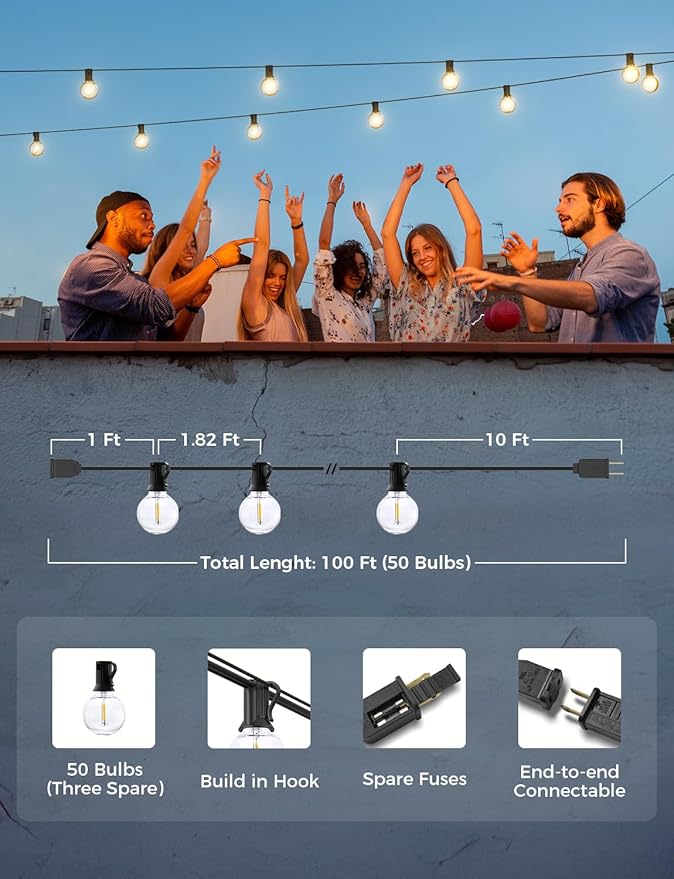 String Lights 100 Ft G40 Globe, Dimmable Smart Warm White 2700K