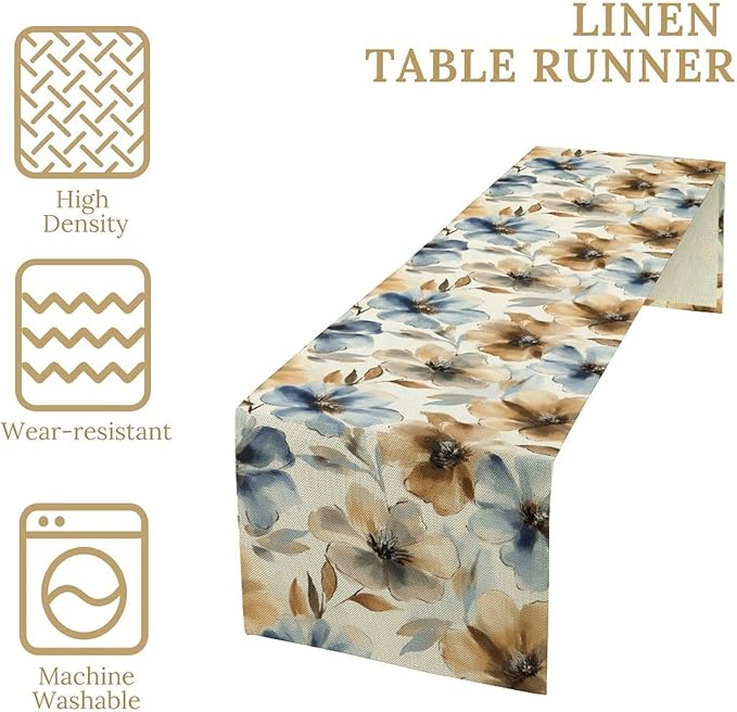 Poppy Floral Table Runner, Watercolor Brown Blue Flowers Blossom Summer Nature Table Runner for Kitchen Dinning Table Runner Decor Home Wedding Party Holiday, 13x60 Inch