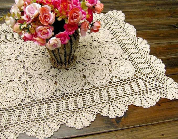 Cotton Handmade Crochet lace Table Runners Rectangular Tablecloth Doilies Doily Table Dresser Scarf Décor,19x35Inch,Beige