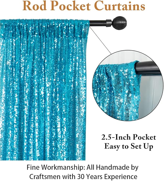 ShinyBeauty Sequin Curtains 2 Panels Turquoise 2FTx8FT Sequin Photo Backdrop Aqua Sequin Backdrop Curtain Pack of 2-1011E