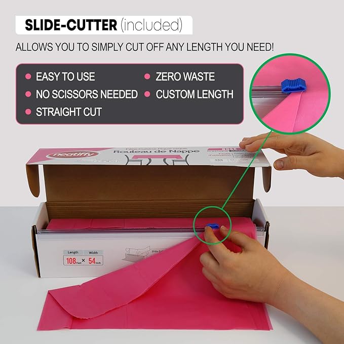 Pink Plastic Tablecloth Roll with Slide Cutter, 54 x 1296 Inch