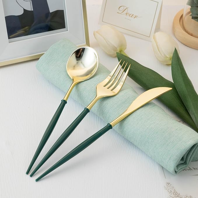 Disposable Gold Plastic Spoons, 150 Count, Green Handles
