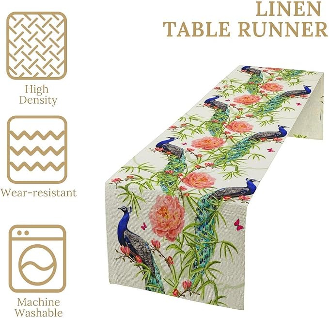 Peacock Table Runner,Seasonal Flower Plants Peacock Birds Table Runner for Home Kitchen Dining Party Indoor Outdoor Decoration 13x108 Inch