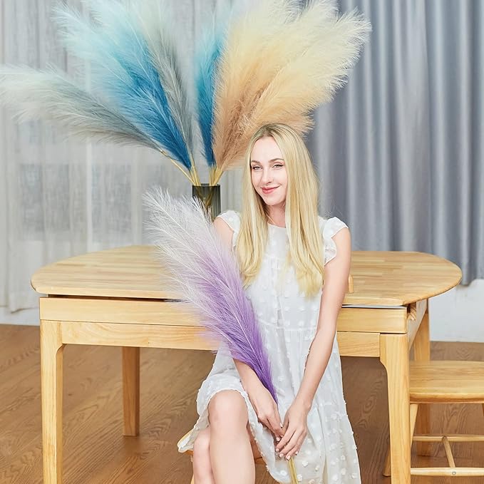 Faux Pampas Grass Decor, 6 Stems Artificial Pampas Grass - 43 inch Tall Pompass Grass Large Pompous Boho Flower Arrangement Home Decor for Room Wedding Party