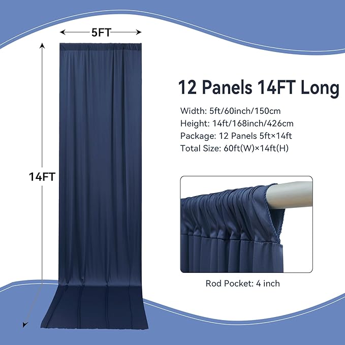 60×14ft Wrinkle Free Navy Blue Backdrop Curtain for Wedding Parties,12 Panels 5×14ft Height Soft Silky Polyester Photo Backdrop Drapes Curtains for Birthday Photography Stage Events Background Cloth