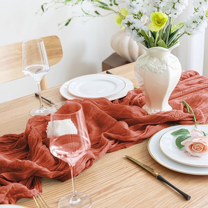 Asee'm Cheesecloth Table Runner 120 Inches Long Terracotta Boho Gauze Cheese Cloth Runner 10FT Rustic Sheer Fall Table Runners for Thanksgiving Christmas Wedding Party Baby Shower Decoration