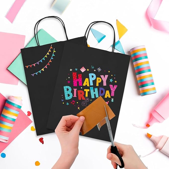 Gift Bags 400 Black Kraft Paper Bags with Handles 8 x 4.25 x 10.5 in